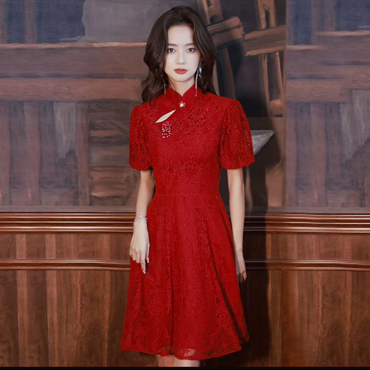 Jakarlı Puf Kollu Kadın Qipao Mini Elbise