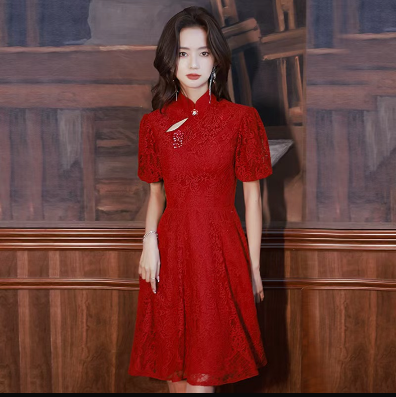 Jakarlı Puf Kollu Kadın Qipao Mini Elbise