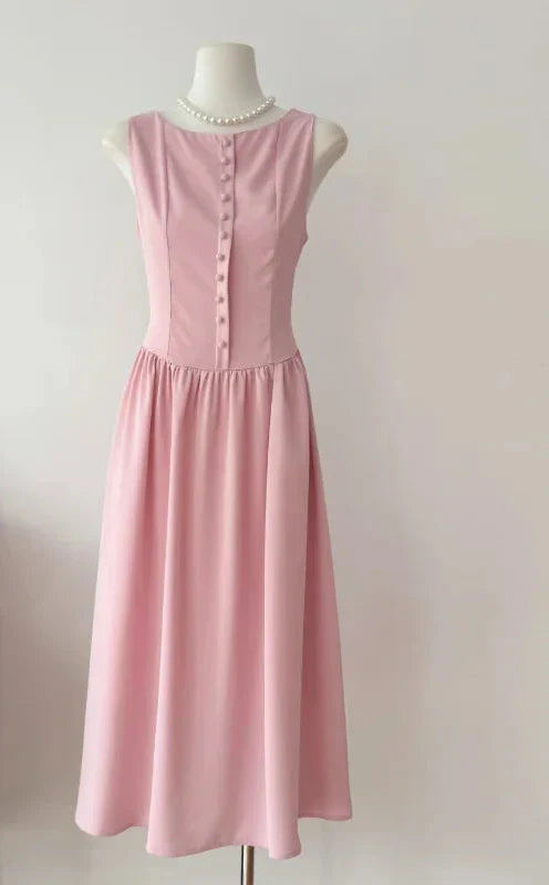 Fransız Stil Pembe Kolsuz Midi Elbise