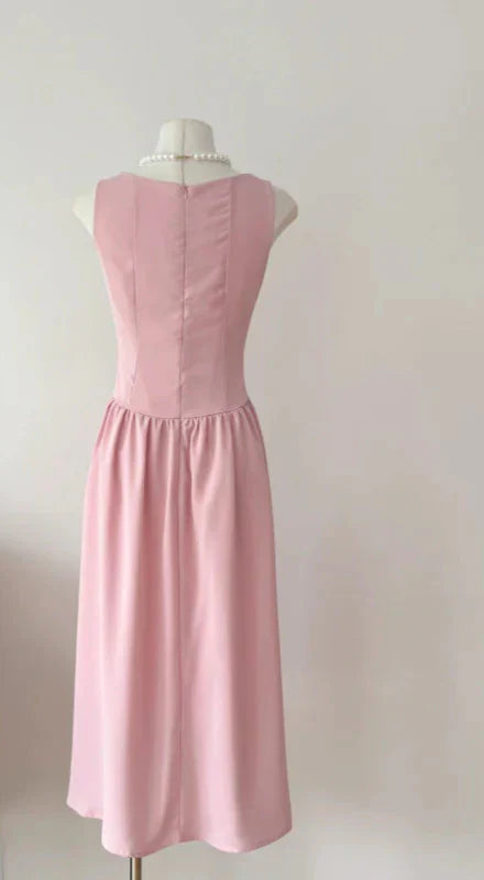 Fransız Stil Pembe Kolsuz Midi Elbise